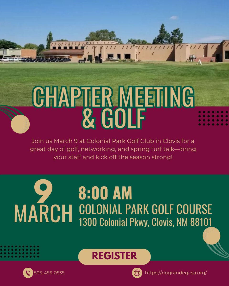 Make it a road trip to Clovis! 🚗 March 9 at Colonial Park GC: golf, lunch, chapter updates, and time with peers from across the state. Invite your equipment manager and staff to join the fun. riograndegcsa.org/event-6568682