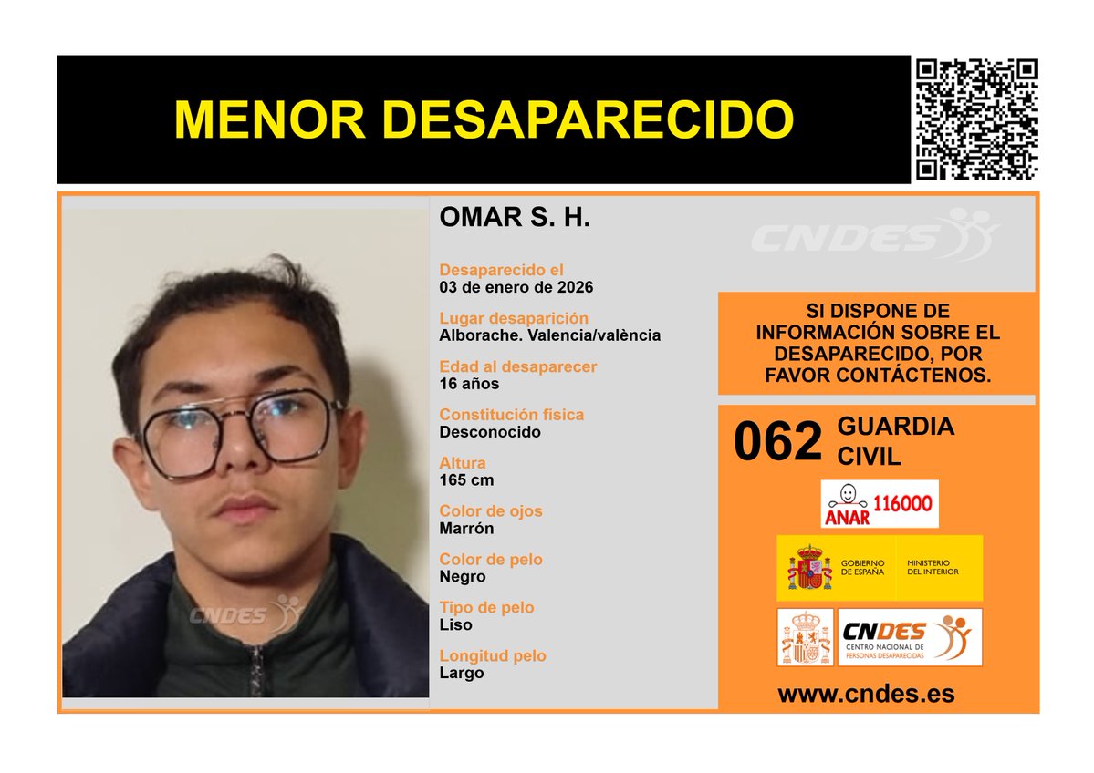 ⚠️🚹MENOR DESAPARECIDO🚹⚠️
Edad  16 años
🧐Última localización #Alborache #Valencia 
Ayúdanos➡️comparte 📲
Si crees haberlo visto 📩cndes-web.ses.mir.es/publico/Desapa…
📞062@guardiacivil
☎️116000 ANAR
<a href="/cndes_oficial/">CNDES</a> #menor #desaparecido