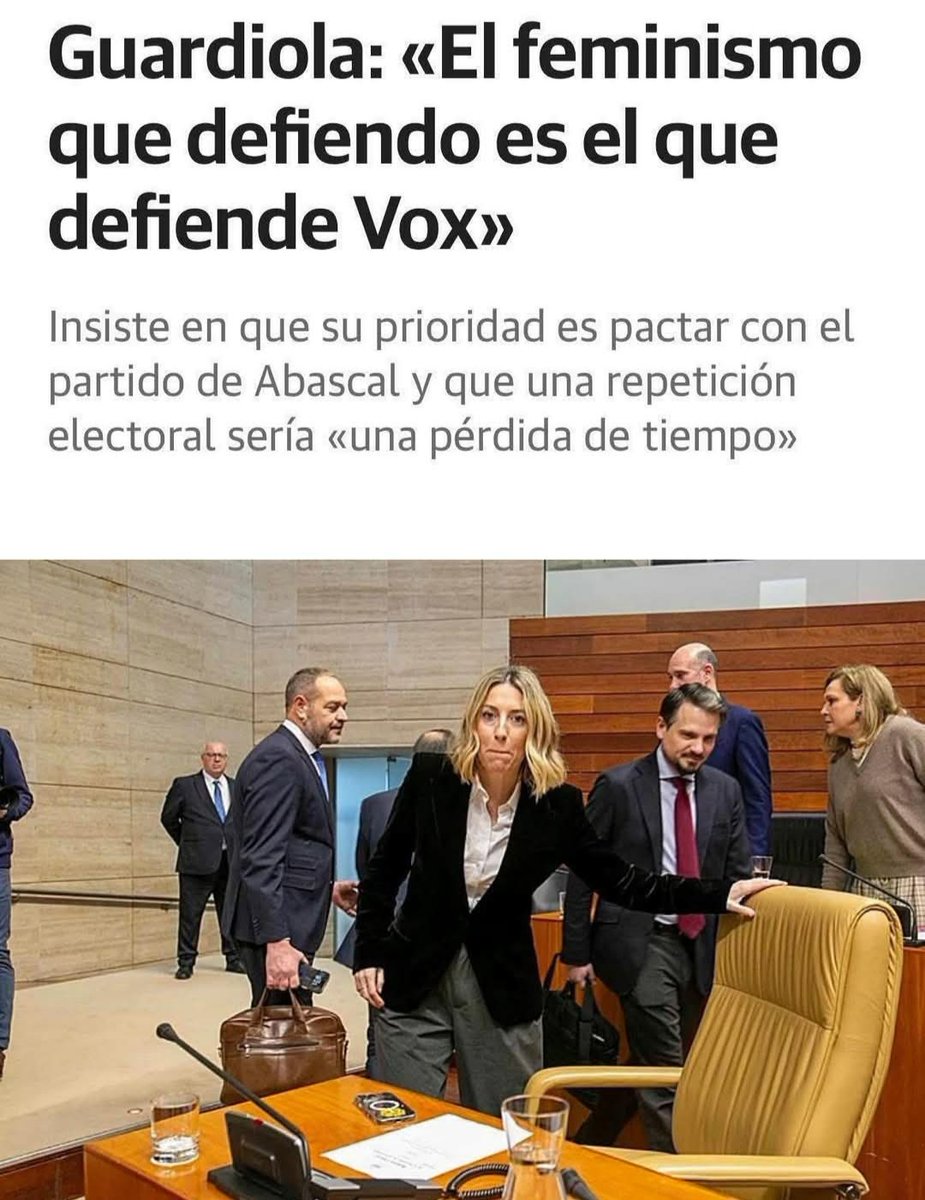 Menuda perversión señora <a href="/MGuardiolaM/">María Guardiola</a>.  #Feminismo de Vox? Es #machismo descarnado, #misoginia.
Venderse y vendernos. 
María Guardiola dixit:
"No puedo dejar entrar en el Gobierno a aquellos que niegan la violencia machista, a quienes están deshumanizando a los inmigrantes”.