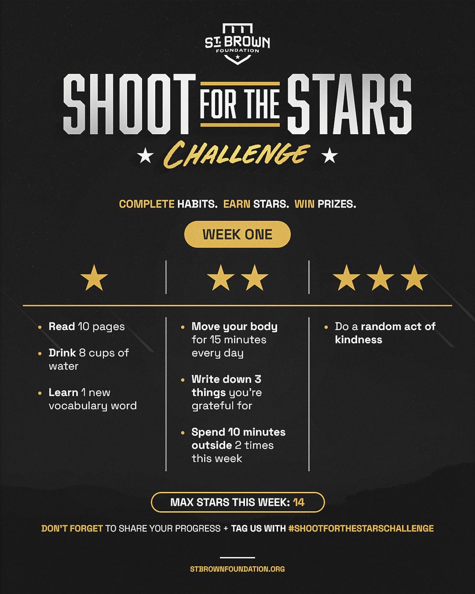 StBrownFdn's tweet photo. Your first chance to start earning stars is here ‼️ Small daily habits. Intentional effort. Big impact. 

Complete what you can, challenge yourself, and remember — consistency > perfection.

Everyone who participates will be entered for a chance to win exciting prizes 👀✨ https://t.co/ySwAietVfI