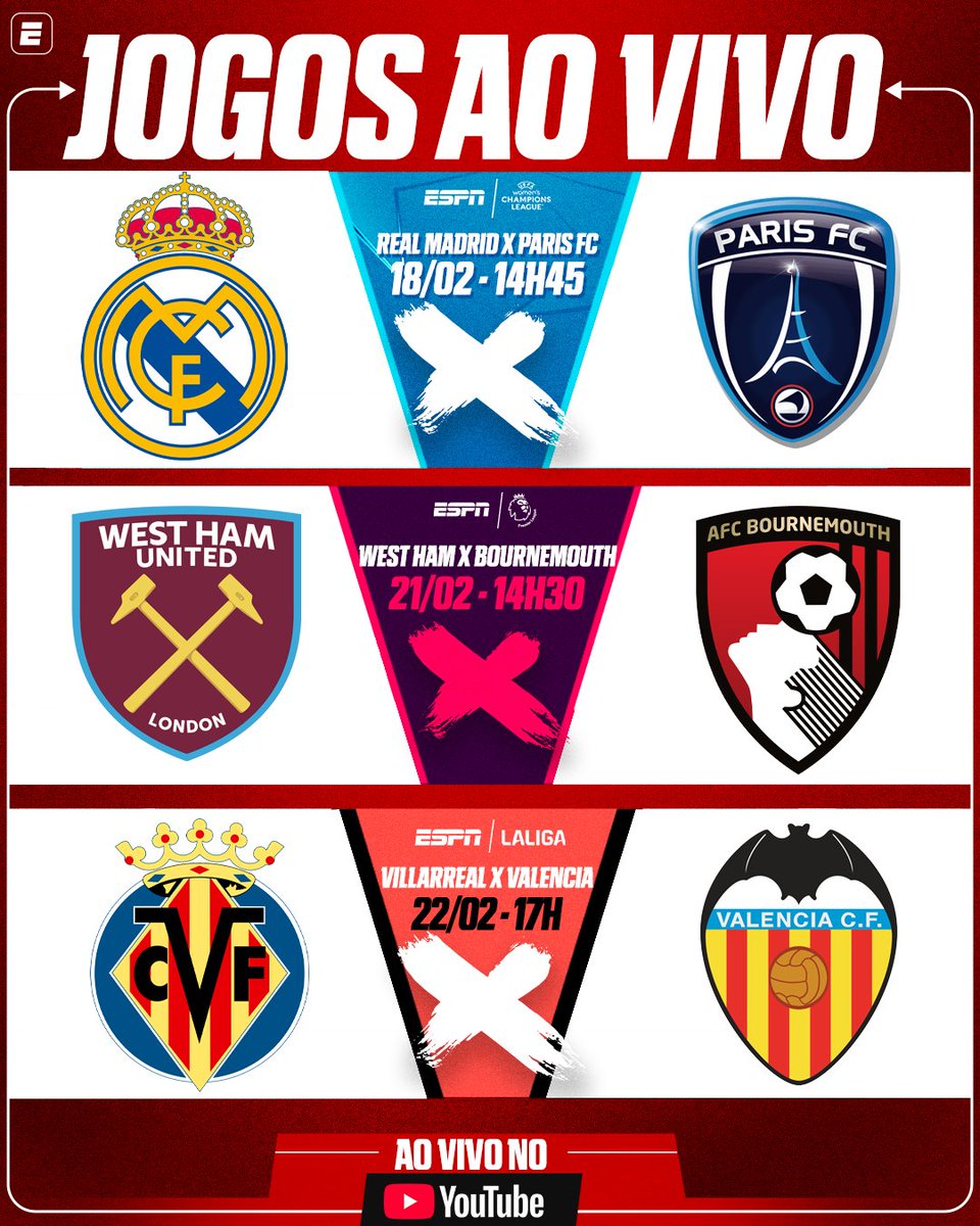 ESPNBrasil's tweet image. BRASILEIROS EM CAMPO AO VIVO E DE GRAÇA! 🫶⚽🇧🇷

🌍 QUARTA: Real Madrid x Paris FC
🏴󠁧󠁢󠁥󠁮󠁧󠁿 SÁBADO: West Ham x Bournemouth
🇪🇸 DOMINGO: Villarreal x Valencia

👉 Assista pelo YouTube da ESPN Brasil: youtube.com/@espnbrasil/st…

#ChampionsFemininaESPN #PremierLeagueNaESPN #LALIGANaESPN