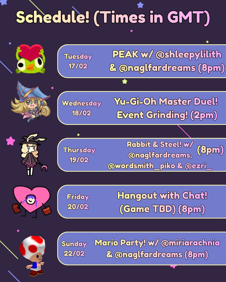 ✨ Schedule for this week! ✨

I have also updated the milestones for the fundraiser!! 🥳

Can't wait to see everyone there! 💜