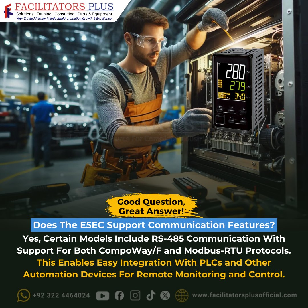 FacilitatorsP's tweet photo. 💡 Good Question, Great Answer!
⚙️ Does the E5EC Support Communication Features?
⚡ Real-time data. Smarter control. Better system visibility.
👷♂️ Facilitators Plus
📞 +92 322 4464024
🌐 https://t.co/v3zOBDjtQa
#FacilitatorsPlus #E5EC #TemperatureController #RS485 #ModbusRTU https://t.co/Qydtjv9vmI