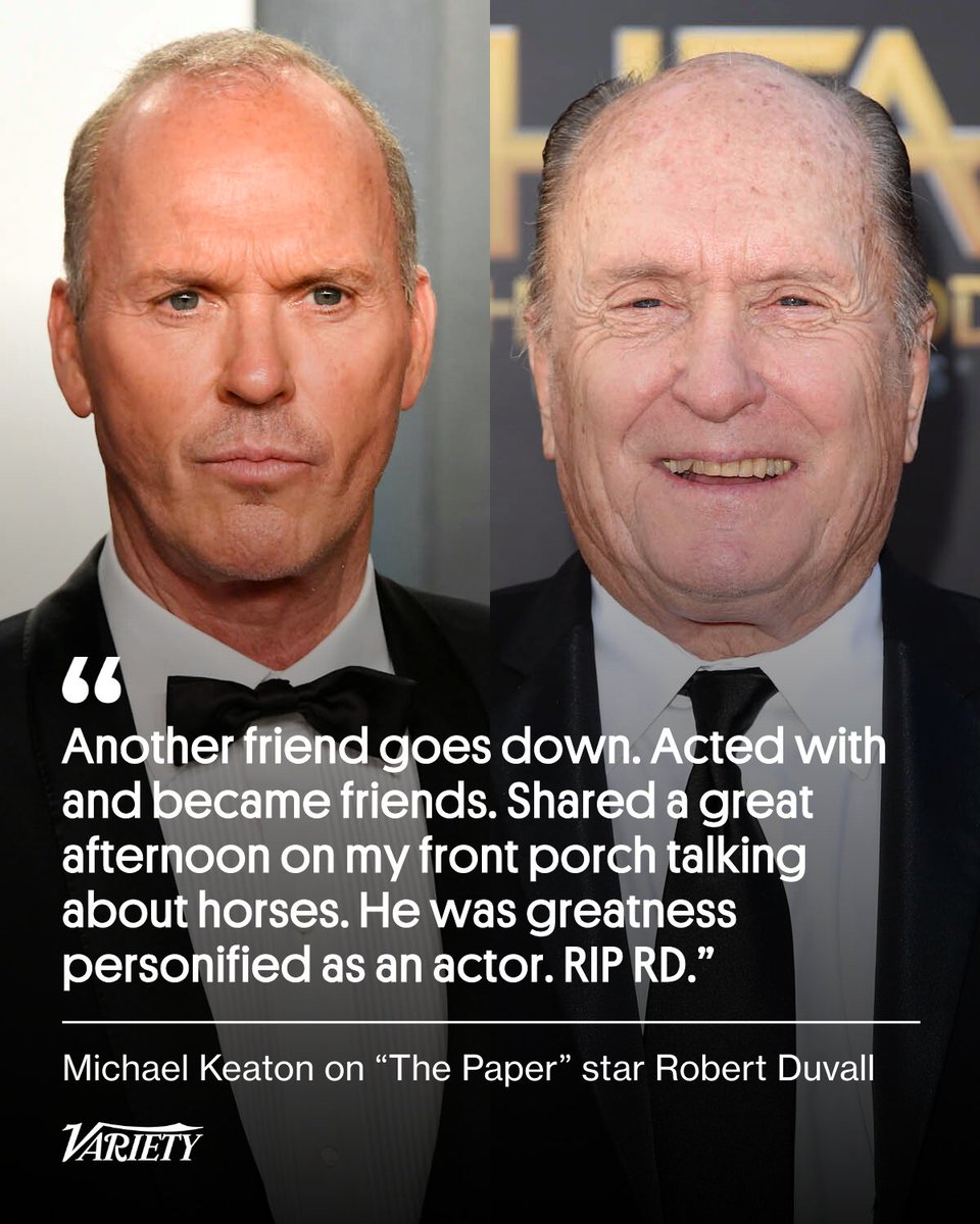 #MichaelKeaton on the death of his “The Paper” co-star Robert Duvall:

“Another friend goes down. Acted with and became friends. Shared a great afternoon on my front porch talking about horses. He was greatness personified as an actor. RIP RD.”

variety.com/2026/film/news…