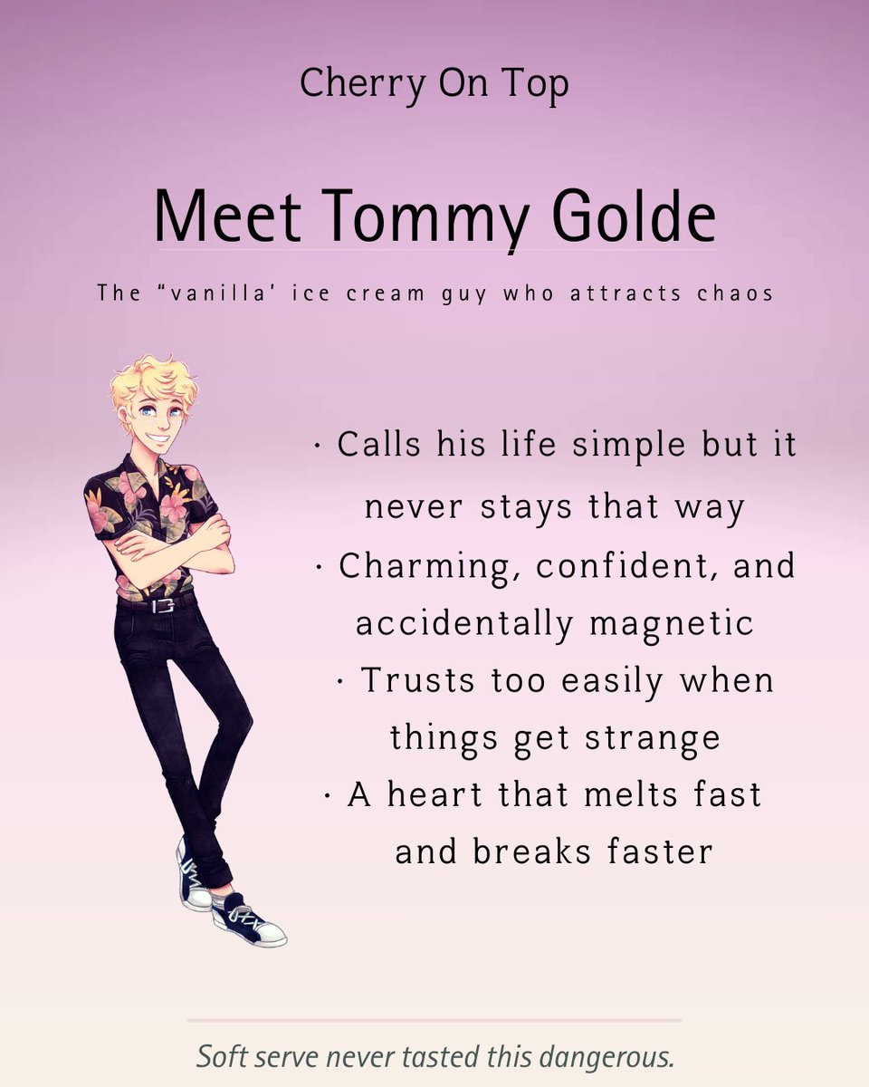 One of the best parts of being an indie author?
Designing character promos for my own chaotic creations.

Meet Tommy from Cherry on Top.

Romantic suspense with a little soft serve sweetness. 🍒
#QueerBooks #IndieAuthor #LGBTQFiction
Tommy art by the amazing earlronove!