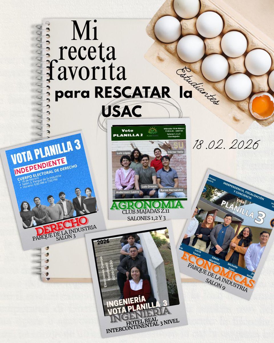 ¡Empezamos con las elecciones! Este miércoles 18 de febrero elige Dignidad San Carlista:

- Agronomía Planilla 2
- Ingeniería Planilla 3
- Económicas Planilla 3 
- Derecho Planilla 3 

¡Recuperemos la USAC!