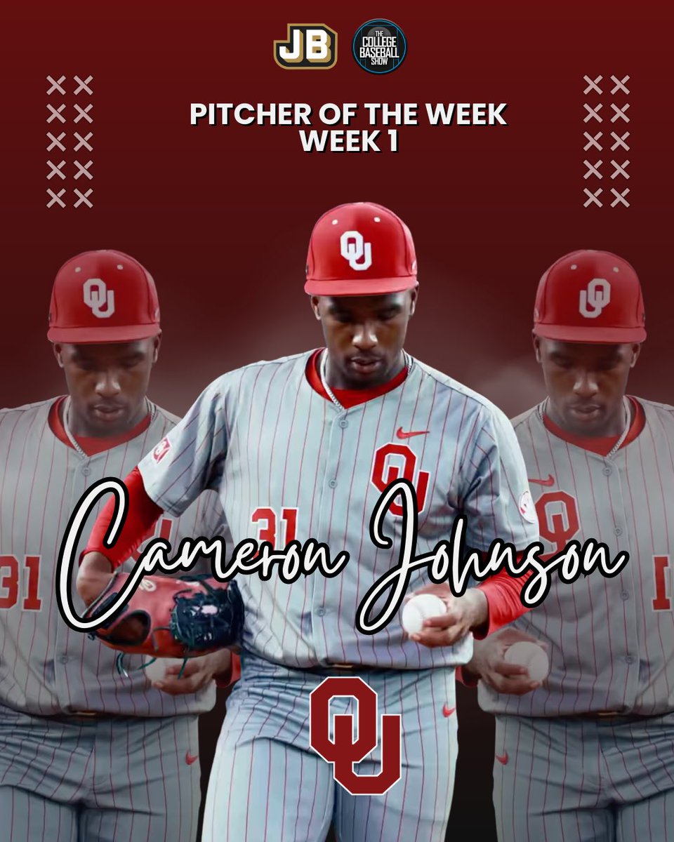 CollegeBSBShow's tweet image. College Baseball Show Pitcher of the Week

LHP Cameron Johnson- @OU_Baseball 

6 IP, 3 H, 1 R, 3 BB, 11 K