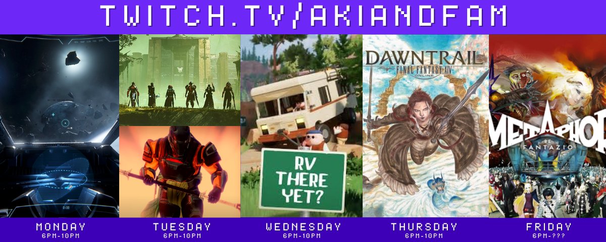 Tonight we will start stream early and dive into some STAR CITIZEN for a community reward!

Next, Little Aki in VOW OF THE DISCIPLE! Followed by ROGUE'S RUMBLE, a special D2 Creator event!

Wed is community RV There yet, another community reward! Thurs &amp; Fri are NORMAL streams 😂