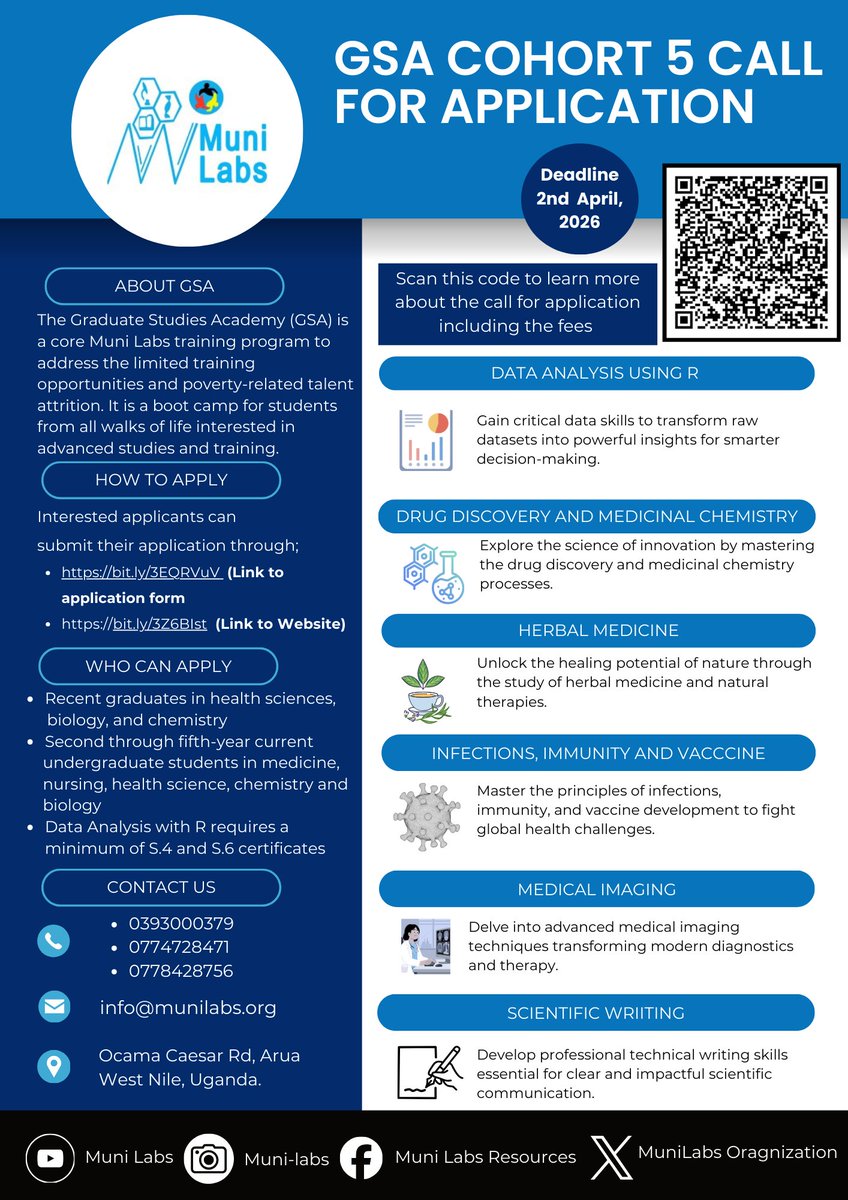 munilabsorg's tweet photo. Course Modules include
#DataAnalytics #medicalimaging #drug #Immunology  #vacinnes 

📅 Deadline: Friday, 2nd April 2026 at 5:00 PM
📧 Contact: info@munilabs.org
📞 0393000379 | 0774728471 | 0778428756 https://t.co/1AyPmLCOT1