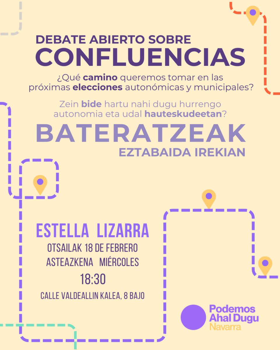 📍 Estella-Lizarra
Seguimos debatiendo, compartiendl ideas y decidiendo juntas. Eztabaida irekia, ideiak partekatu eta hurrengo bidea elkarrekin erabakitzeko.

🗓 Estella. 18 de febrero · 18:30 · Valdeallín kalea 8, bajo

➡️ Próxima cita: Tudela · 21/02 · 10:00 · Lestonnac.