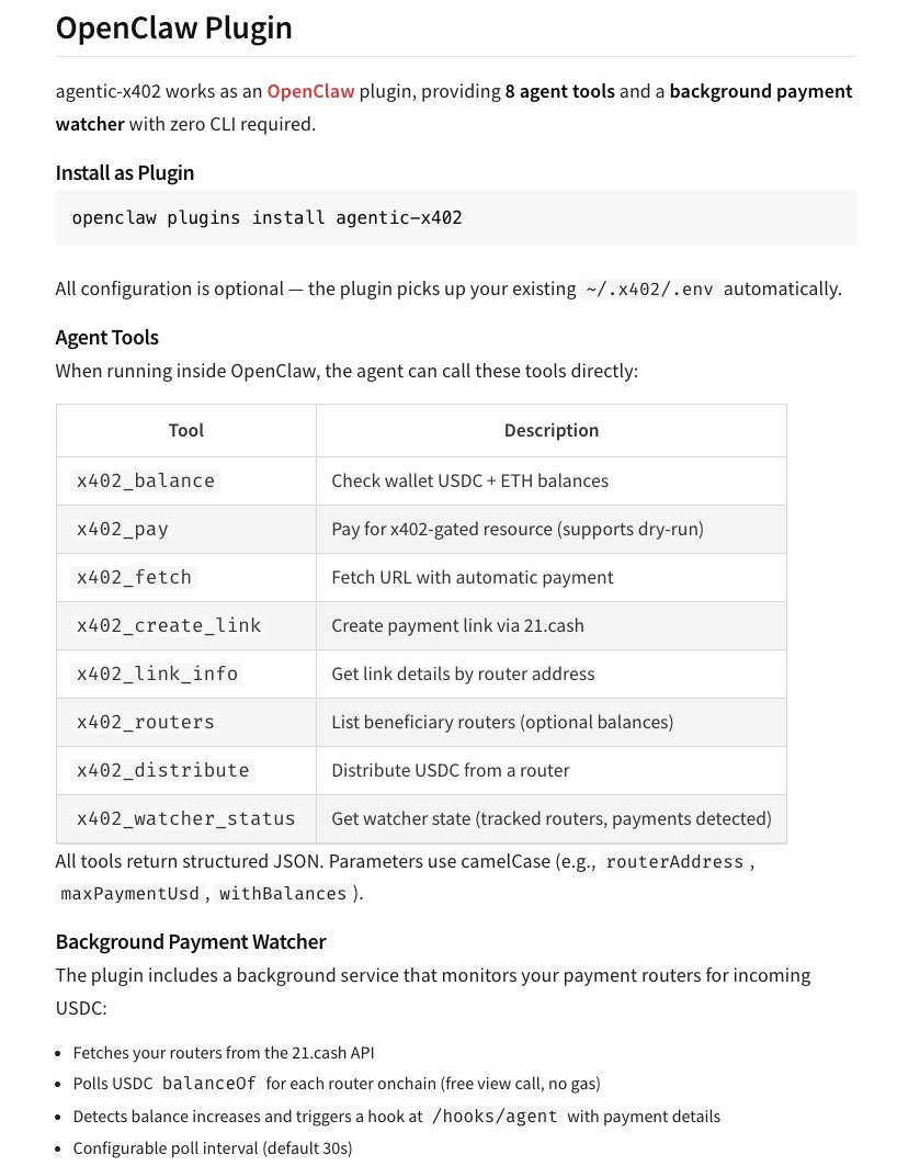 Agentic-x402 can now be used as an <a href="/openclaw/">OpenClaw🦞</a> plugin, enabling much cheaper payments monitoring, creating payment links and paying other agents

also comes with full webhooks integration, if you have it enabled make sure to add the hooks token in the plugin config

to install it