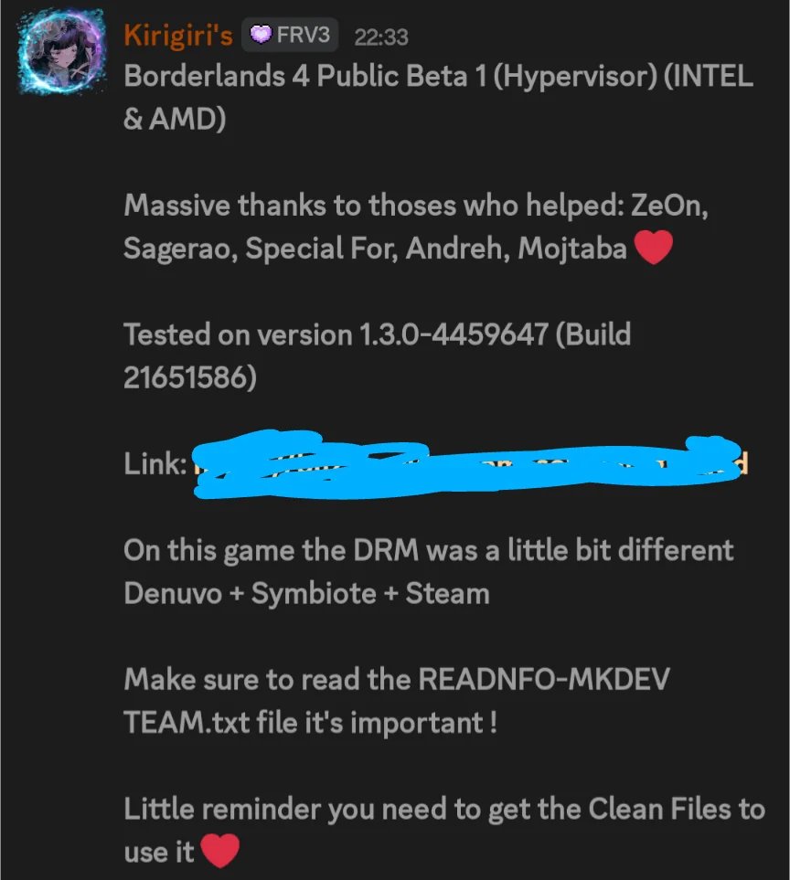 EpicNNG's tweet image. BREAKING: Numerous games containing the Denuvo DRM have been bypassed with HYPERVISOR.

This includes games such as Borderlands 4, despite also featuring 2K's in house Symbiote DRM.

Oh boy 😳