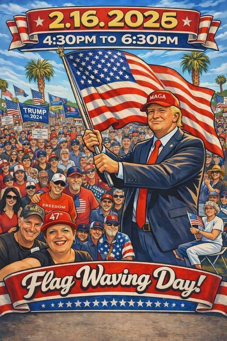 FlaglerGOP's tweet photo. We're live soon, patriots! Flag Waving starts in 30 minutes! 

Come wave for America, freedom, and MAGA strength right now:
4:30-6:30 PM at Old Kings Rd &amp; Palm Coast Pkwy NE

Bring your flags – let's make Palm Coast proud! Trump strong forever!🇺🇸
#PresidentsDay #AmericaFirst https://t.co/4o12hhsFRx