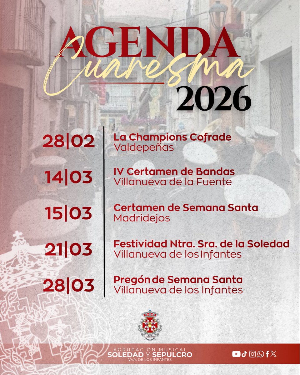 𝐒𝐎𝐋𝐄𝐃𝐀𝐃 𝐞𝐧 𝐂𝐮𝐚𝐫𝐞𝐬𝐦𝐚 🎺📆

Os presentamos el calendario de actuaciones con las fechas cuaresmales.

🎶Ven y acompáñanos está Cuaresma.

#YTúSiempreSoledad