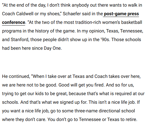 Raoul_000's tweet photo. Texas WBB coach Vic Schaefer, addressing criticism of him &amp; Tenn. coach Kim Caldwell: "This isn’t a nice life job. If you want a nice life job, go to some three-name directional school where they don’t care. You don't go to Tennessee or Texas to retire." https://t.co/B3JU7aL1NI https://t.co/fjvPB53eY0