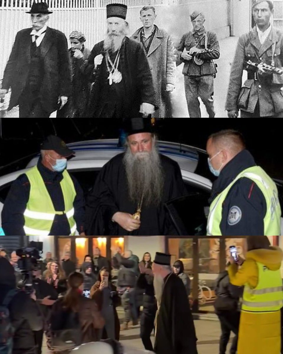 Прва слика - 1945. комунисти воде митрополита црногорског Јоаникија на стрељање.

Друга слика : 2020. Милова полиција хапси митрополита црногорског Јоаникија.

Трећа слика: 2026. црногорске комуњаре у Новом Саду нападају и вређају митрополита црногорског Јоаникија.

Безбожна