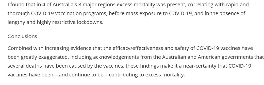 sborg40's tweet photo. Australia unique position and late covid wave and extensive covidvax everywhere but interesting in 4 regions where covid appeared late and also had minimal lockdown,excess mortality,suspicious of covid vax.Interesting read
https://t.co/W3vbtMJx1K https://t.co/2FHNUi716S