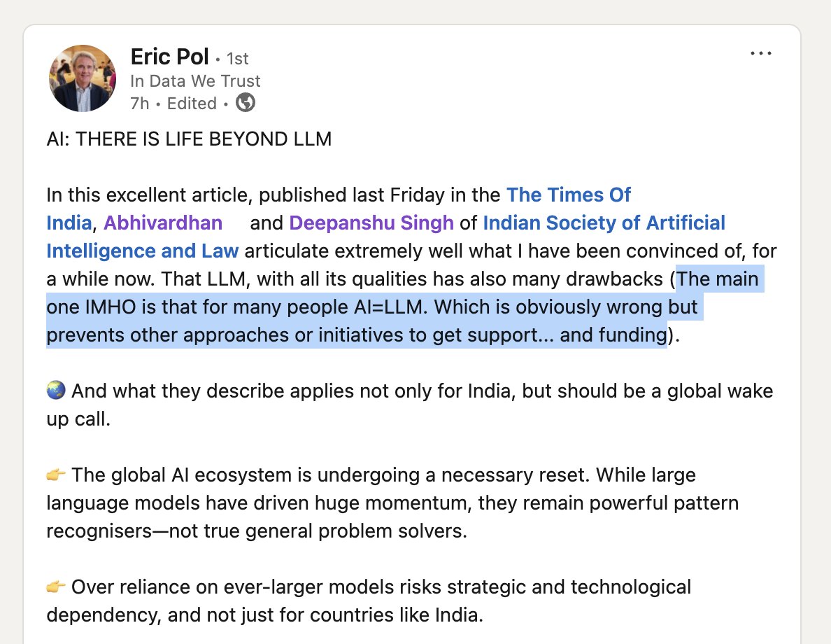 I was saying for 14 months that:

People mislead themselves and markets by spreading false assertions that:

1⃣ ai = LLMs

This affects every commercial project, and every collaboration.

Hype for things which aren't true hurts markets and real people who have spent years in