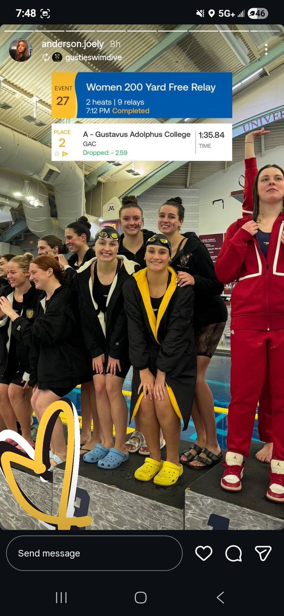 AndersonGr5TES's tweet photo. Congrats to my daughter, @joelyanderson and the Gustavus swim team on a tremendous conference meet! Meet results:
50 freestyle: 6th (honorable mention all-conference)
100 backstroke: 4th (HM AC)
200 backstroke: 7th 
200 free relay: (all-conference) https://t.co/BhIvZKO8V7