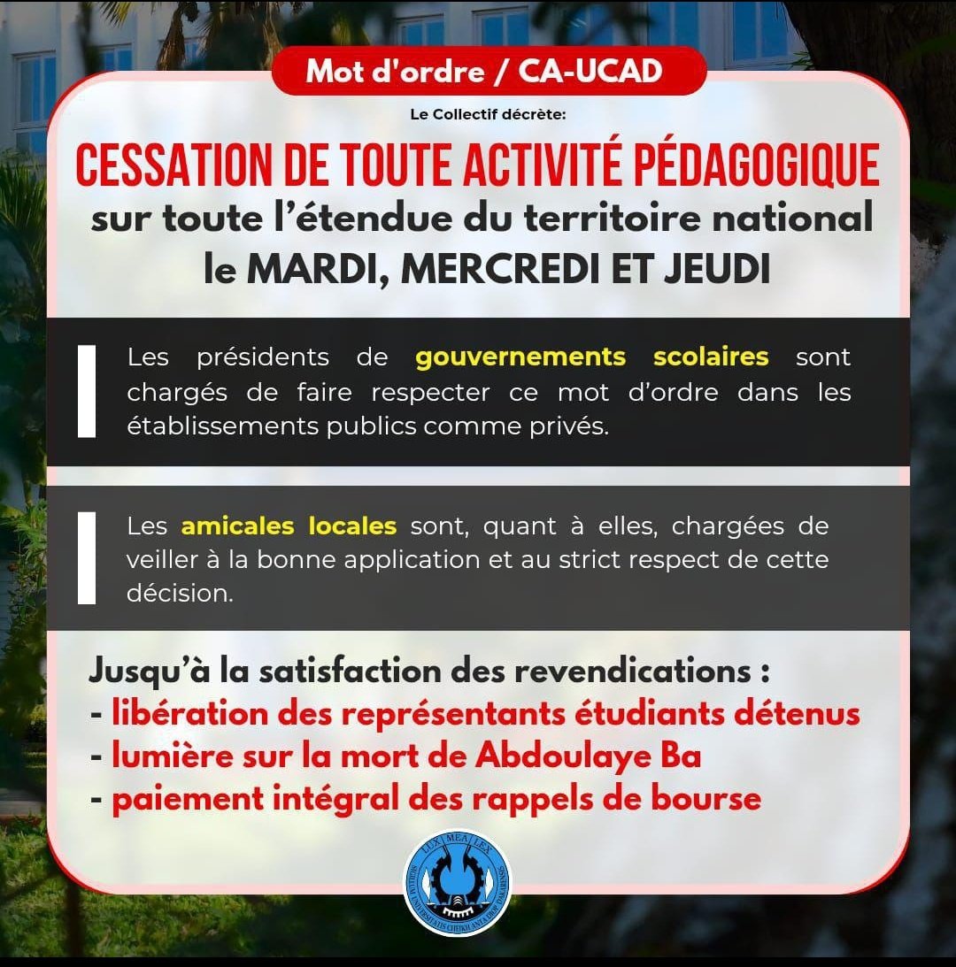 MOTS D'ORDRE ‼️
Puisqu'il préfère arrêter des étudiants innocents et laisser les meurtriers de 80 personnes déambulés.
Puisqu'il préfère affamer les étudiants et se remplir leurs poches. 

Qu'il en assume l'entière responsabilité.
<a href="/Bachir_KMB/">Bachir_kmb</a> <a href="/sagittaire99/">🀄️🐍</a> <a href="/KiliFeuu/">Kilifeuu Guii</a> <a href="/Noo_IDcard/">Momar Assane</a>