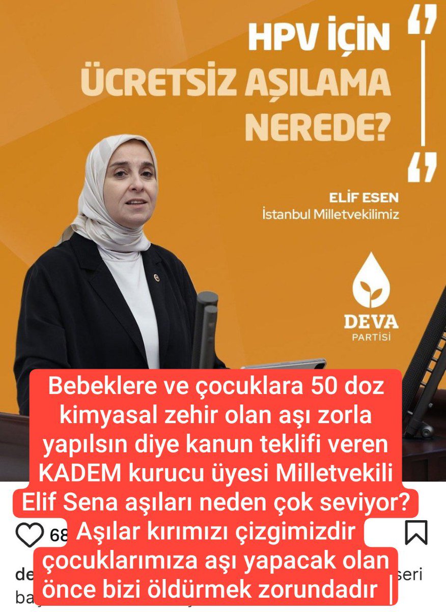 KADEM kurucu üyesi
Milletvekili Elif Sena aşıları
neden çok seviyor? 
Aşılar kırımızı çizgimizdir çocuklarımıza aşı yapacak
olan önce bizi öldürmek zorundadır?
#EmeklininGazabıSandıkta