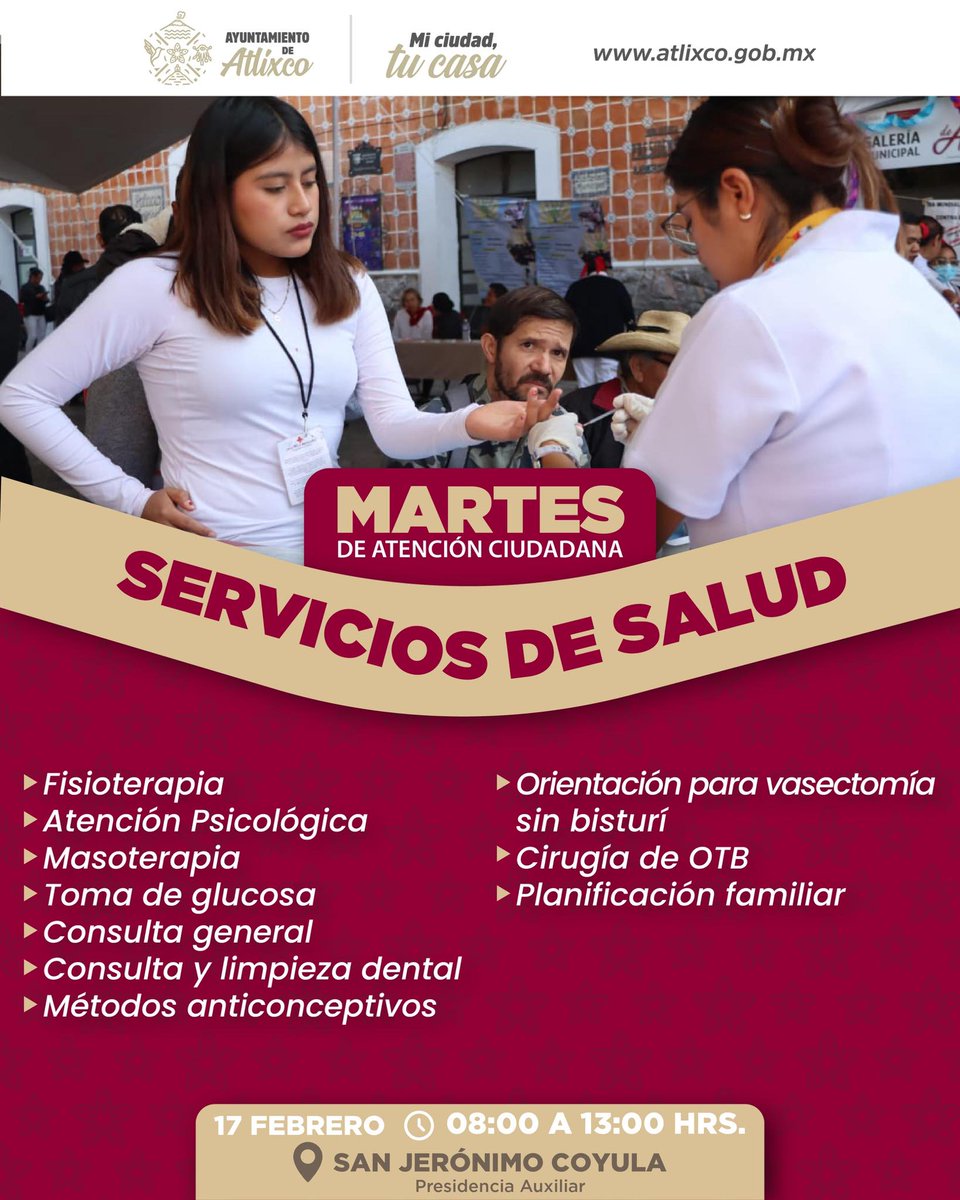 Ariadna Ayala, Presidenta de Atlixco, te invita a ser parte del Martes de Atención Ciudadana.
Este 17 de febrero estaremos en San Jerónimo Coyula, escuchando de cerca a cada vecina y vecino, porque las mejores decisiones nacen del diálogo directo.