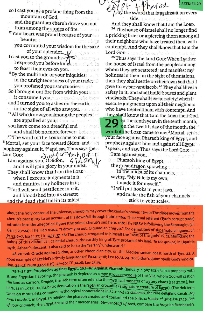 TeXasMadde's tweet photo. #ApocalypticBookStudy #82
#BibleStudy #137
#SupernaturalCosmography #24
#DimensionalTheology #6
#Phenomenology #11
#HighStrangeEvents #10

📜 Ezekiel 28:1-26 - 29:1-21 - 30:1-26 📜

⚠️ Specialist Study on The Anointed Cherub, the Mountain of God, & the Fall Motif in Ezekiel With + in depth Analysis on The Dragon of the Nile, Anti-Creation & Imperial Deconstruction, Chaos Waters, Cosmic Mountains, & Edenic Memory Parallels ⚠️

⚠️ (SEE REPLIES FOR EXTRA SPECIALIST COMMENTARY & IN THE PICS AS WELL)⚠️

(Quick note: Lord = Adonay & Adonay = Lord below meaning i have 2 different translations) 

📜 Ezekiel 28:1-26 📜 (3 CHAPTERS IN FULL)

A Prophecy Aimed at the King of Tyre

1 And the word of Yahweh came to me, saying,

 2 “Son of man, say to the leader of Tyre, 

‘Thus says the Lord Yahweh:

“Because your heart was haughty,
    and you said, ‘I am a god;
I sit in the seat of the gods,
    I sit in the heart of the seas!’

But you are a human, not a god,
    and you gave your heart to be like the heart of a god.

3 Look, are you wiser than Daniel,
    so that no secret is hidden from you?

4 By your wisdom and by your understanding
    you have gained for yourself wealth,
and you have amassed gold and silver
    in your treasuries.

5 By the abundance of your wisdom in your trading
    you have increased your wealth
    and your heart was proud in your wealth.”’”

6 Therefore thus says the Lord Yahweh:
“Because of your regarding your mind
    like the mind of a god,

7 therefore look! I am bringing strangers over you,
    the most ruthless of the peoples,
and they will draw their swords against the beauty of your wisdom,
    and they will defile your splendor.
8 They will thrust you down to the pit,
    and you will die a violent death 
    in the heart of the seas.
9 Will you indeed still say “I am a god!”
    before the face of your killers?
And in fact you are a human and not a god
    in the hand of those who pierce you.
10 You will die the death of the uncircumcised
    by the hand of strangers,
for I myself have spoken!” declares the Lord Yahweh.
11 And the word of Yahweh came to me, saying,

12 “Son of man, raise a lament over the king of Tyre, and you must say to him, ‘thus says the Lord Yahweh:
“You were a perfect model of an example,
    full of wisdom and perfect of beauty.

13 You were in Eden, the garden of God,
    and every precious stone was your adornment:
carnelian, topaz and moonstone,
    turquoise, onyx and jasper,
sapphire, malachite and emerald.
    And gold was the craftsmanship of your settings
and your mountings in you;
    on the day when you were created they were prepared.

14 You were an anointed guardian cherub,
    and I placed you on God’s holy mountain;
you walked in the midst of stones of fire.
15     You were blameless in your ways
from the day when you were created,
    until wickedness was found in you.

16 In the abundance of your trading,
    they filled the midst of you with violence, and you sinned;
and I cast you as a profane thing from the mountain of God,
    and I expelled you, the guardian cherub,
    from the midst of the stones of fire.

17 Your heart was proud because of your beauty;
    you ruined your wisdom because of your splendor.
I threw you on the ground before kings;
    I have exposed you for viewing.

18 From the abundance of your iniquities
    in the dishonesty of your trading,
I profaned your sanctuaries
    and I brought fire from your midst;
it consumed you, and I have turned you to ashes on the earth
    before the eyes of everyone who sees you.
19 All who know you  among the peoples
    are appalled over you;
you have become as horrors,
    and you shall cease to exist forever.”’”
20 And the word of Yahweh came to me, saying, 

21 “Son of man, set your face toward Sidon and prophesy against it, 22 and you must say, ‘Thus says the Lord Yahweh:
“Look! I am against you, Sidon,
    and I display my glory in the midst of you,
and they will know that I am Yahweh
    when I execute my judgments,
    and I will show myself holy within it.
23 And I will send into it a plague,
    and blood will be in its streets.
And the dead will fall in the midst of her
    by the sword that is against it from all around;
and they will know that I am Yahweh.
24 And there will not be any longer a painful thorn and a sharp thornbush for the house of Israel from anywhere around them[ak] from those who are despising them, and they will know that I am the Lord Yahweh.”’”

25 Thus says the Lord Yahweh: “When I gather the house of Israel from the peoples to which they were scattered about in them, and I show myself holy in them before the eyes of the nations, then they will live on their soil, which I gave to my servant Jacob.

 26 And they will live on it in safety, and they will build houses, and they will plant vineyards, and they will live in safety when I execute my judgments on all those who despise them from all around them, and then they will know that I am Yahweh their God.”

📜 Ezekiel 29:1-21 📜

Yahweh’s Judgment upon Egypt

29 In the tenth year, in the tenth month, on the twelfth day of the month, the word of Yahweh came to me, saying, 
 2 “Son of man, set your face against Pharaoh, the king of Egypt, and prophesy against him and against Egypt, all of it. 

3 Speak, and you must say, 
‘thus says the Lord Yahweh:
“Look! I am against you,
    Pharaoh, king of Egypt,
the great sea Sragon (A),
    the one lying down
in the midst of his Nile streams,
    who says to me, “It is my Nile, and I made it for myself.”

4 And so I will put hooks in your jawbones,
    and I will make the fish of your Nile streams stick to your scales,
and I will bring you up from the midst of your Nile streams,
    and all of the fish of your Nile streams which cling to your scales.
5 And I will fling you to the desert,
    you and all the fish of your Nile streams.
On the surface of the field you will fall;
    you will not be gathered,
    and you will not be assembled.
To the animals of the field
    and to the birds of the heavens
    I will give you as food.
6 And all of the inhabitants of Egypt will know that I am Yahweh,
    because of their  being a staff of reed for the house of Israel.

7 When they took hold of you with the hand, you snapped,
    and you split their every shoulder.
And when they leaned on you, you broke,
    and you caused all of their loins to wobble.”

8 Therefore thus says the Lord Yahweh: “Look! I am bringing on you a sword, and I will cut off from you human and animal. 9 And the land of Egypt will become a desolation and ruins, and they will know that I am Yahweh because he said, ‘The Nile is mine! And I, I made it !’ 

10 Therefore look! I am against you and against your Nile streams, and I will make the land of Egypt into ruins, a pile of rubble, a desolation from Migdol to Syene and up to the boundary of Cush. 11 A foot of a human will not pass over it, and a foot of an animal will not pass over it, and so it will not be inhabited for forty years. 

12 And I will make the land of Egypt a desolation in the midst of desolated countries, and its cities to be in the midst of ruined cities. They will be a desolation for forty years, and I will scatter Egypt among the nations, and I will disperse them among the countries.”

13 For thus says the Lord Yahweh: “At the end of forty years I will gather Egypt from the peoples among whom they were scattered. 
14 And I will restore the fortunes of Egypt, and I will bring them back to the land of Pathros, to the land of their origin, and they will be a lowly kingdom there.  15 Of all the kingdoms it will be the most lowly, and it will not exalt itself again over the nations, and I will make them small so as not to rule over the nations. 16 And it will not be again for the house of Israel an object of trust, bringing to remembrance their guilt when they turned back to them, and they will know that I am the Lord Yahweh.”

17 And then in the twenty-seventh year, in the first month, on the first day of the month, the word of Yahweh came to me, saying, 

18 “Son of man, Nebuchadnezzar the king of Babylon, he made his army labor hard against Tyre. Every head was rubbed bare, and every shoulder was rubbed raw, but a wage was not paid for him and for his army from Tyre for the labor that he did against it.” 

19 Therefore thus says the Lord Yahweh: “Look! I am giving to Nebuchadnezzar the king of Babylon the land of Egypt, and he will carry its wealth away, and he will plunder its plunder, and he will loot its loot, and it will be a wage for his army. 20 As his wages that he worked for, I will give to him the land of Egypt, because they worked for me,” declares the Lord Yahweh.

21 “On that day I will cause power to grow up for the house of Israel, and for you I will give an opening of your mouth in the midst of them, and they will know that I am Yahweh.”

Notes-
A- or Monster

📜 Ezekiel 30:1-26 📜 

Nebuchadnezzar Will Conquer Egypt

1 Yahweh spoke his word to me. He said,
 2 “Son of man, prophesy. 
Say, ‘This is what Adonay Yahweh says:
Cry for that day!

3 The day is near. The day of Yahweh is near.
    It will be a gloomy day, a time of trouble for the nations.
4 There will be war in Egypt and anguish in Ethiopia.
    Many Egyptians will fall dead.
    People will take away Egypt’s wealth,
        and its foundations will be torn down.
5 Sudan, Put, Lud, all the Arabs, the Libyans,
    and people from the promised land will die in battle.
6 “‘This is what Yahweh says:
All Egypt’s allies will die.
    Egypt’s strength will disappear.
        People will die in war from Migdol to Syene,
            declares Adonay Yahweh.

7 “‘Egypt will become the most desolate country in the world, and Egypt’s cities will lie in ruins. They will be ruined more than other cities. 8 Then they will know that I am Yahweh, because I will set fire to Egypt and all her defenders will be killed. 9 On that day I will send messengers in ships to terrify those who live in safety in Sudan. The people of Sudan will be in anguish when Egypt is in trouble. That day is coming!

10 “‘This is what Adonay Yahweh says: I will use King Nebuchadnezzar of Babylon to bring an end to Egypt. 11 He and his troops, the most ruthless troops among the nations, will be brought to destroy the land. They will draw their swords to attack Egypt and fill the land with dead bodies. 12 I will dry up the Nile River and sell the land to wicked people. I will have foreigners destroy the land and everything in it. I, Yahweh, have spoken.

13 “‘This is what Adonay Yahweh says: I will destroy the statues and put an end to the idols in Memphis. A prince will never rise again in Egypt. I will spread fear throughout Egypt. 14 I will destroy Pathros, set fire to Zoan, and bring punishment on Thebes. 15 I will pour out my fury on Sin, Egypt’s fortress, and I will kill many people in Thebes. 16 I will set fire to Egypt. Sin will be in much pain. Thebes will be broken into pieces, and Memphis will be in trouble every day. 

17 The young men from Heliopolis and Bubastis will die in battle, and people from these cities will go into exile. 18 At Tahpanhes the day will turn dark when I break Egypt’s power. Egypt’s strong army will be defeated. Clouds will cover Egypt, and people from its villages will go into exile. 19 Then they will know that I am Yahweh, because I will bring punishment on Egypt.’”

20 On the seventh day of the first month in the eleventh year, Yahweh spoke his word to me. He said, 21 “Son of man, I have broken the arm of Pharaoh, king of Egypt. His arm isn’t bandaged, so it can’t heal and be strong enough to hold a sword. 22 “This is what Adonay Yahweh says: I’m against Pharaoh, king of Egypt. I will break both his arms, the healthy one and the broken one. I will make the sword fall from his hand. 23 I will scatter the Egyptians among the nations and force them into other countries. 24 I will make the arms of the king of Babylon strong. I will put my sword in his hand, but I will break Pharaoh’s arms. Pharaoh will groan like a person who is dying. 

25 I will strengthen the arms of the king of Babylon, but Pharaoh’s arms will fall. Then they will know that I am Yahweh, because I will put my sword in the hand of the king of Babylon. He will strike Egypt with it. 26 I will scatter the Egyptians among the nations and force them into other countries. Then they will know that I am Yahweh.”

(See NEXT REPLY FOR THE REST OF OP (PICTURES YOU SEE IN THIS POST