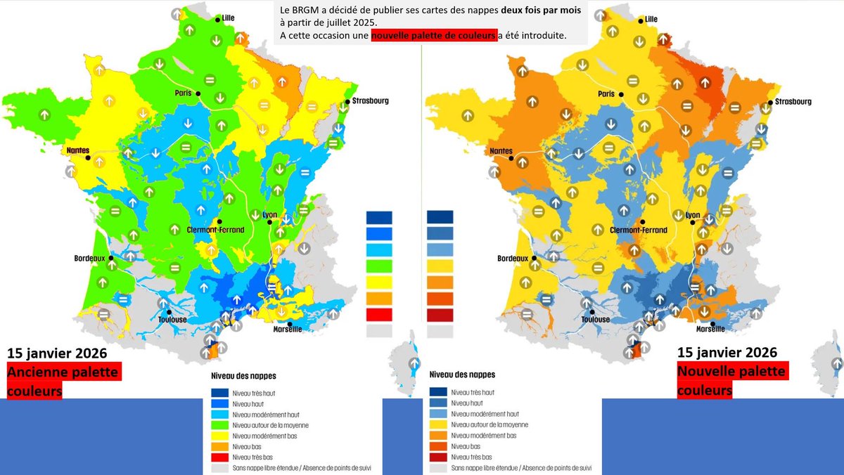 Pendant ce temps, le BRGM a modifié sa palette de couleur du niveau des nappes, effaçant le vert pour "normal" en jaune, accentuant l'effet sec. Vont-ils maintenant revenir au bleu pour forcer l'effet humide ? Jusqu'à quand va t'on nous prendre pour des moutons ?
