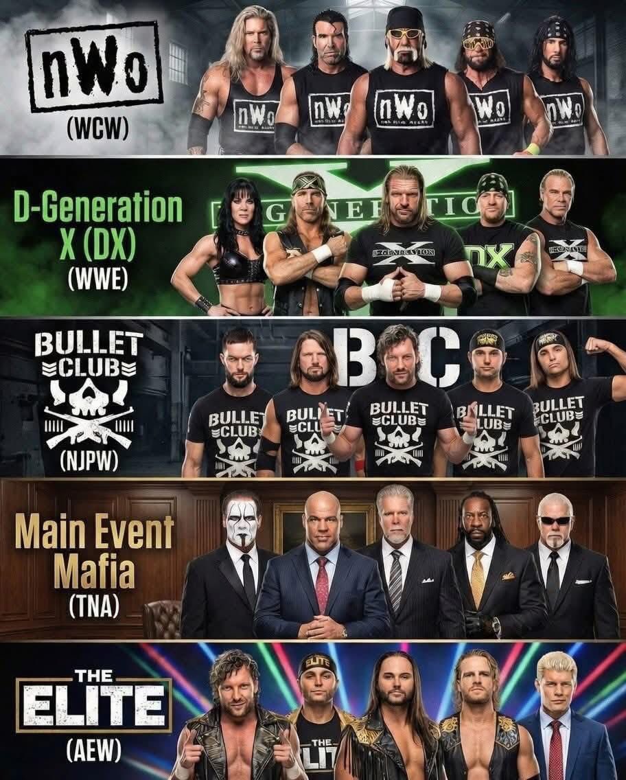 DengieRaven's tweet photo. Who had the biggest impact as a faction? 🤔
#WWE #WWERaw #TNAiMPACT #TheElite #BulletClub #AEW #WCW #FactionWar #TKO #NJPW #NewJapanPro #DGenerationX #MainEventMafia #TheKliq https://t.co/A5uwwlTGL6