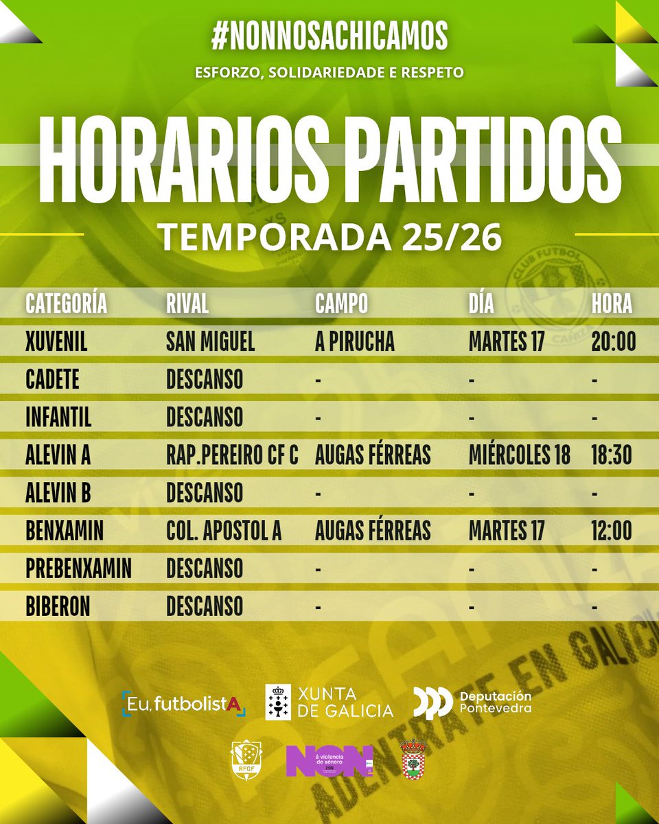 𝗛𝗢𝗥𝗔𝗥𝗜𝗢𝗦 𝗣𝗔𝗥𝗧𝗜𝗗𝗢𝗦 ⏰

•𝚇𝚄𝚅𝙴𝙽𝙸𝙻: Liga, Xornada 3
•𝙰𝙻𝙴𝚅𝙸𝙽 𝙰 : Liga, Xornada 7
•𝙱𝙴𝙽𝚇𝙰𝙼𝙸𝙽: Liga, Xornada 5

💛🖤💚🤍

#cfc #cfcañiza