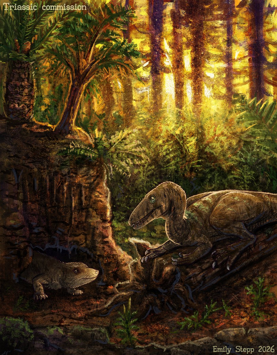Triassic artwork for James Stryker's paleoart project featuring a cynognathian cynodont and a coelophysid dinosaur.