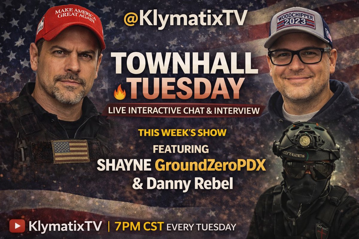 KlymatixTV's tweet photo. Tomorrow at 7pm CST (5pm Portland). Another episode of Townhall Tuesday! @Tommy4Trump420 @GroundZeroPDX1 @DannyRebel333
#TownhallTuesday
#PortlandProtests
#AmericaFirst
#LiveInteractive
#PatriotVoices https://t.co/tmyRurSTaK