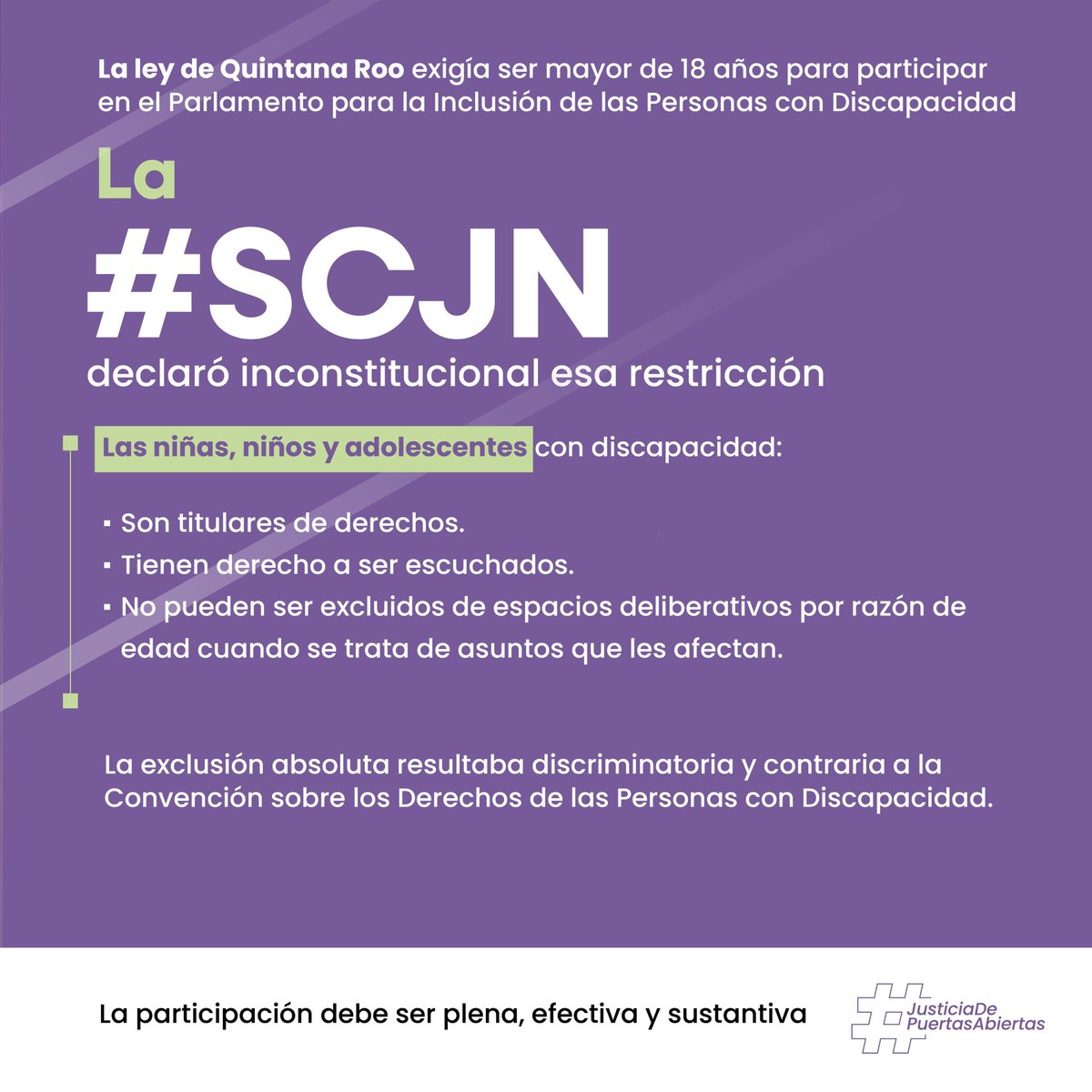 En la Acción de Inconstitucionalidad 59/2025, el Pleno de la #SCJN resolvió por mayoría un asunto que coloca en el centro a las infancias con discapacidad y su derecho a participar en los espacios públicos.

Acompañé el proyecto porque la exclusión automática por razón de edad