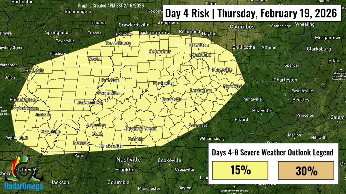 RadarOmega's tweet photo. The #SPC is monitoring a potential severe weather setup for this Thursday, 2/19. 

Increasing moisture &amp; strong wind shear may support organized storms, including supercells, across parts of the lower OH Valley. Stay up to date this week as forecast details evolve. https://t.co/DuXnj3dAj4