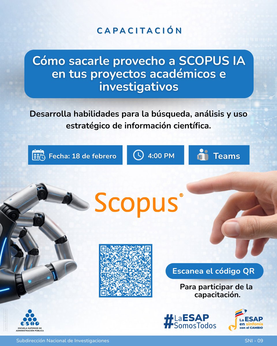 ¿Quieres fortalecer tus procesos de investigación? 📚

La Subdirección Nacional de Investigaciones invita a participar en la capacitación de SCOPUS IA para la construcción de estados del arte, el análisis de tendencias de investigación y el fortalecimiento de proyectos académicos