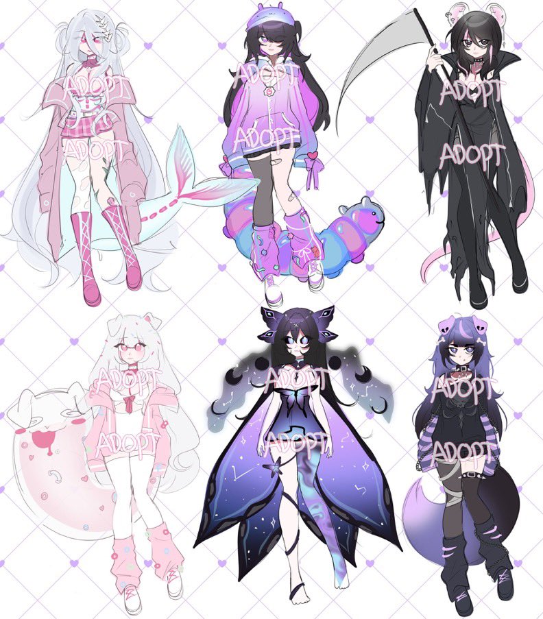 Adopt batch ᯓ★ $45 each! (Negotiable) 

 - Diaphanized shark 🦈🪦
 - Gummy worm🪱🍭
 - Embalmer mouse 💀🐭
 - Cereal puppy 🐶🥣
 - Cosmo butterfly ✨🦋
 - Tuff puppy 🦴🖤

(changes can be requested) commercial rights included likes + rts appreciated