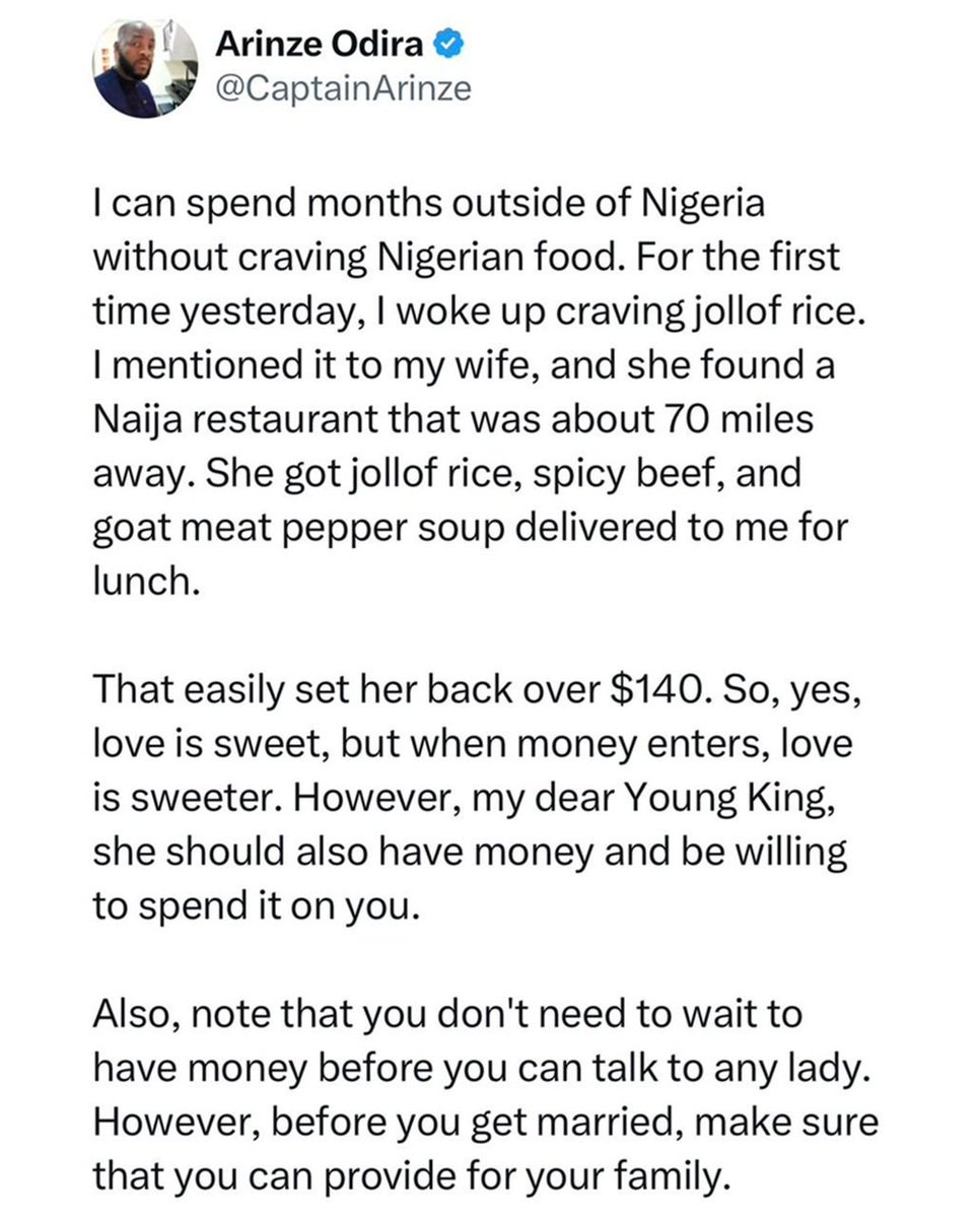 Man says money makes love sweeter after his wife spent over $140 to get him Nigerian food abroad.