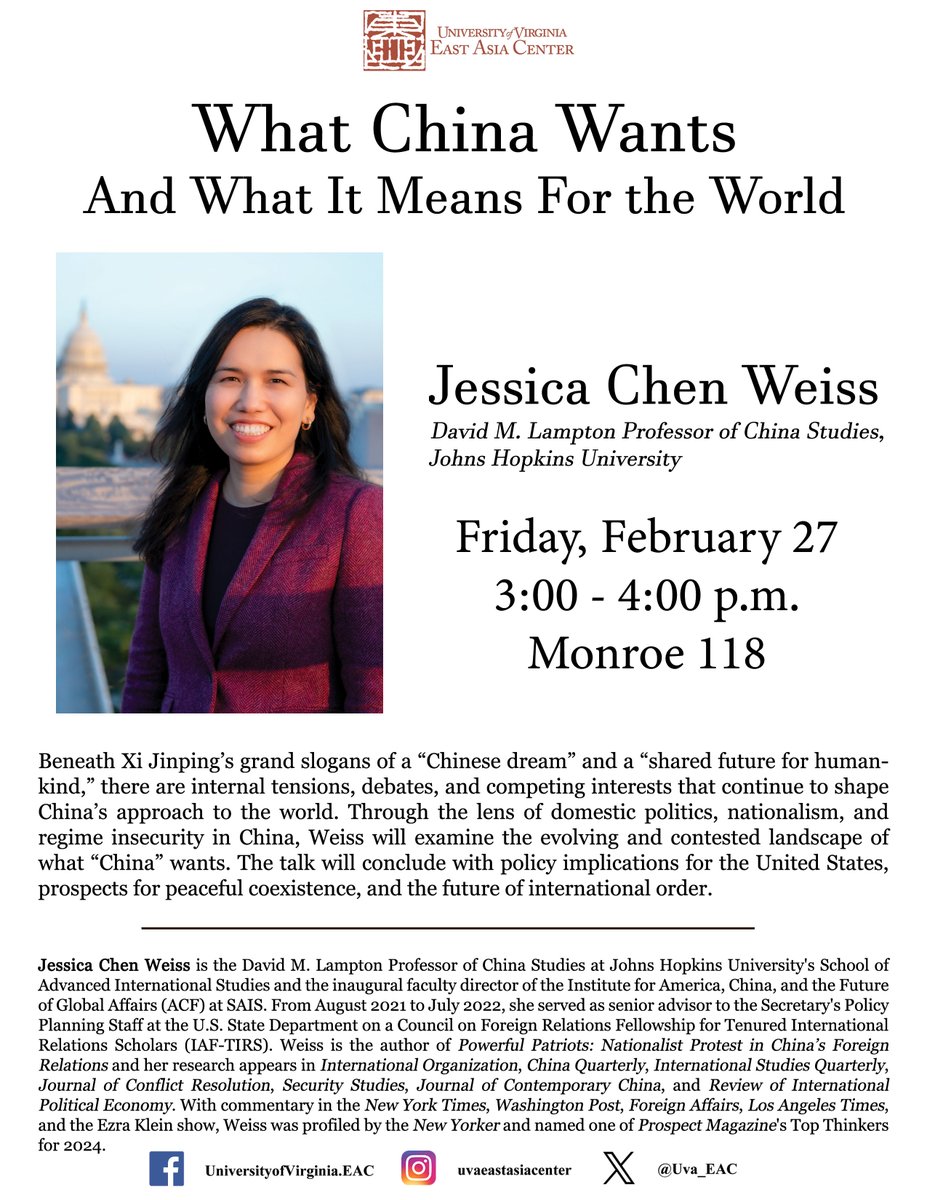 Uva_EAC's tweet photo. Join us for a discussion with Jessica Chen Weiss, Professor of China Studies at Johns Hopkins University.

Friday, February 27, from 3:00 - 4:00 p.m. in Monroe 118.

Details: https://t.co/n4fSVVFDH9

#UVA #EastAsia #ChineseStudies https://t.co/2GcakSXSgq