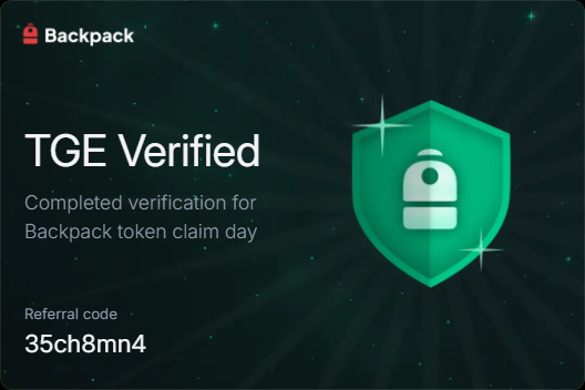 🚨🚨🚨IMPORTANT🚨🚨🚨

Backpack just launched the "TGE Verified" badge, which is required for their airdrop eligibility. 🎒

Don’t waste time and don't risk being left behind. I’ve already secured mine!

Make sure to get verified as soon as possible to guarantee your account is
