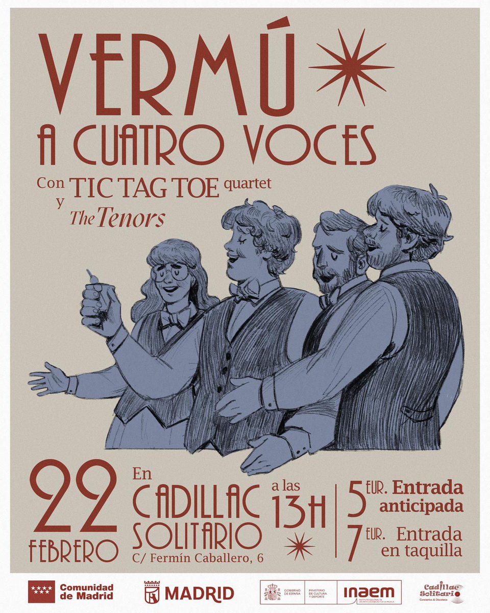 El domingo, a la hora del vermú, podremos disfrutar de unas voces y un estilo sorprendentes en:
📍Cadillac Solitario (Fermín Caballero, 6)
📆 Domingo 22 de febrero a la 13:00
🎟️ Entrada anticipada por 5€ a través de este enlace: entradium.com/events/vermu-a…
Entrada en taquilla: 7€