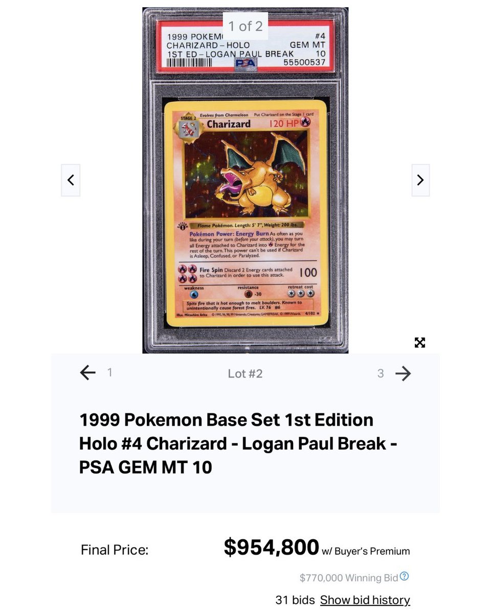 A 1st Edition Charizard PSA 10 just sold for $955K…

I wonder how much a price bump other vintage Pokemon cards will get 🤔