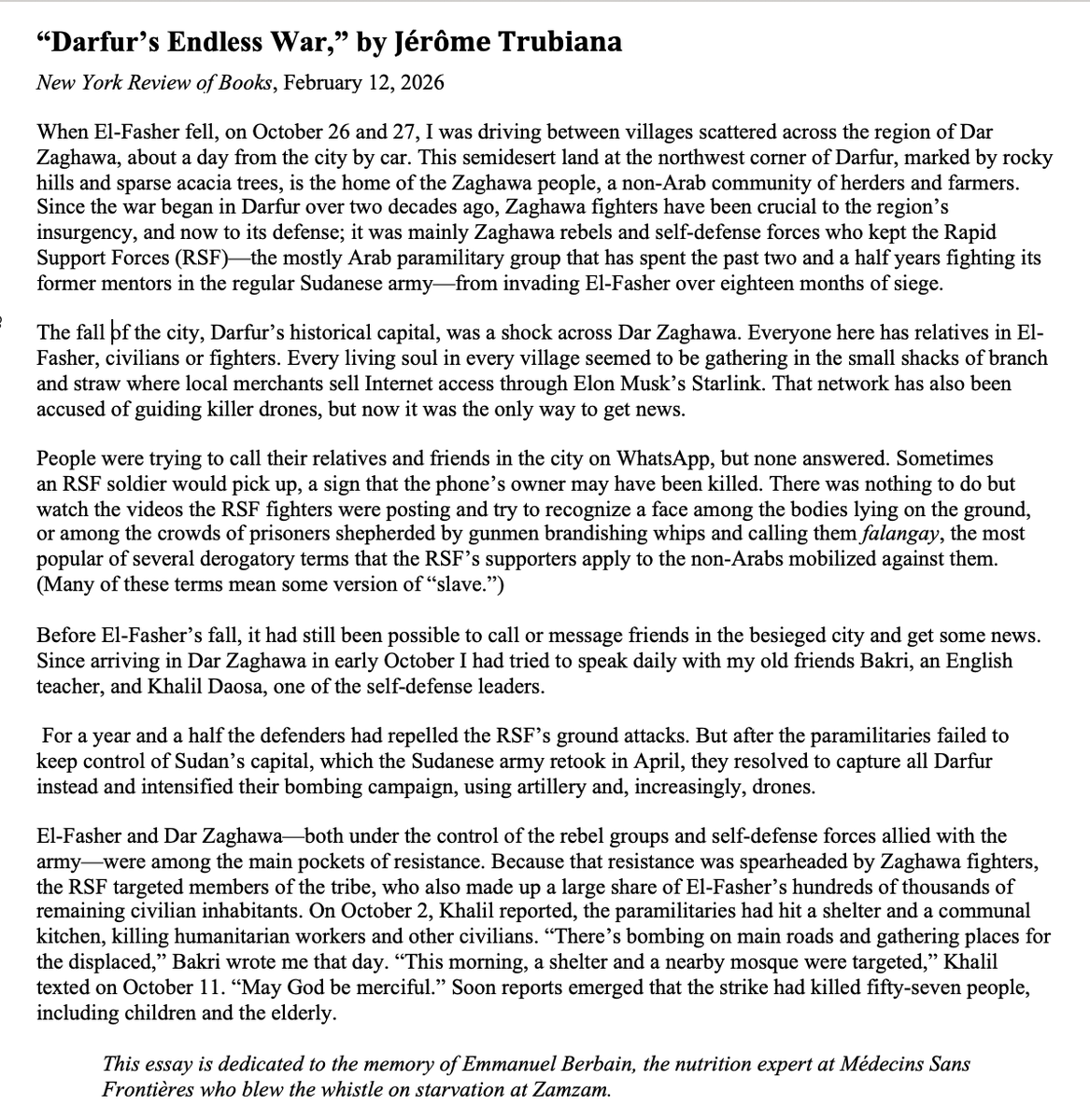 sudanreeves's tweet photo. An essay by Jerome #Tubiana, long our most informed and intrepid observer of #Darfur: here giving a first-hand look at North Darfur in the wake of the savage, finally genocidal #RSF seizure of El #Fasher (October 27, 2026), and its ghastly aftermath.
#UAE https://t.co/mUU0Pl90Xm