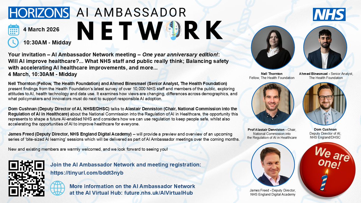 HorizonsNHS's tweet photo. This is your invitation to the AI Ambassador Network 1-year anniversary 🎉 

On Weds 4 March we're celebrating a year of our brilliant network and our incredible #NHSAIAmbassadors! 

Join the NHS AI Ambassador Network here: https://t.co/9VOMWx83Jn https://t.co/e5xQ5jqwpD