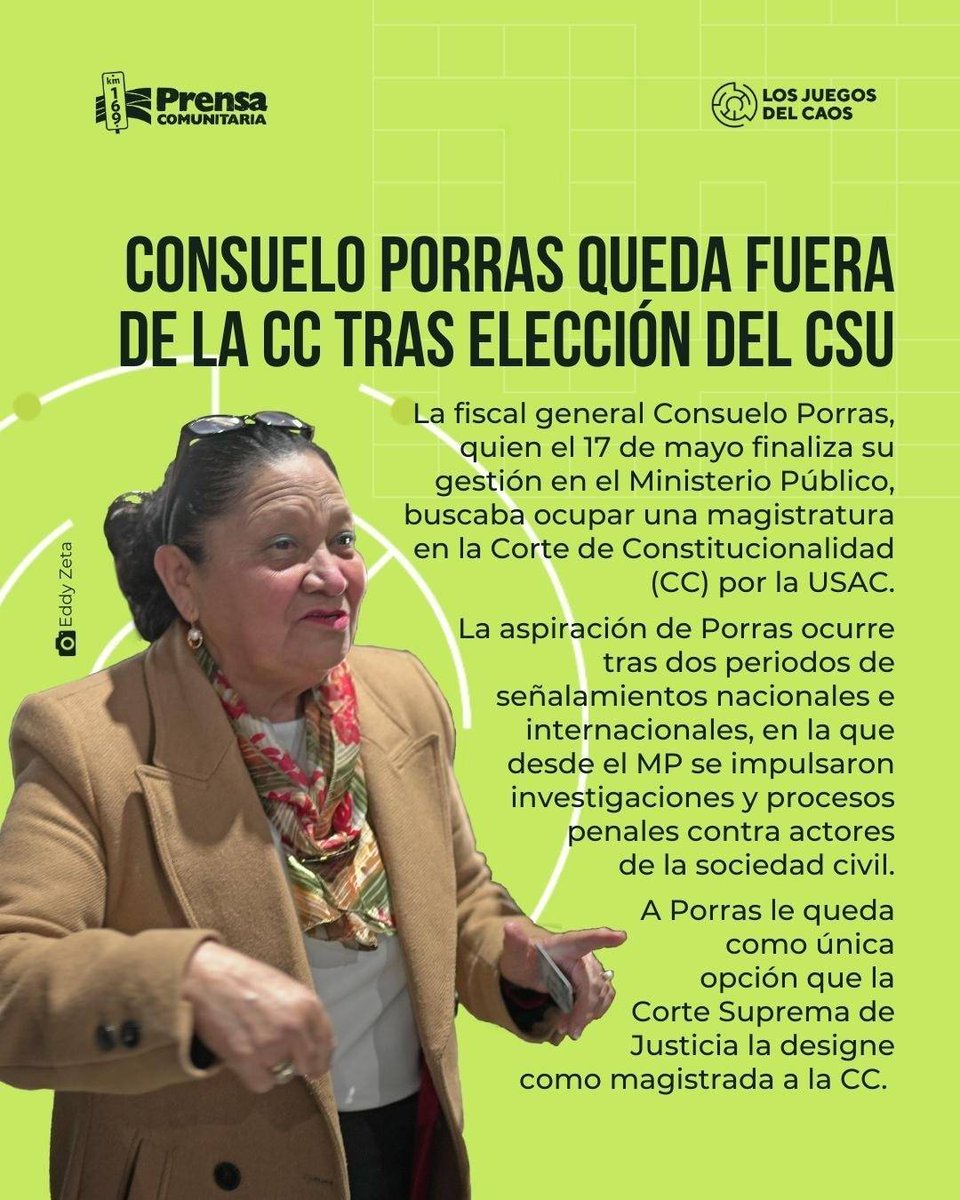PrensaComunitar's tweet image. Consuelo Porras agota sus posibilidades de conseguir una magistratura a través de la USAC ante la CC

De las 14 personas que participaron, la fiscal general no logró ningún voto para hacerse de la magistratura titular y tampoco la suplencia. #Elecciones2026