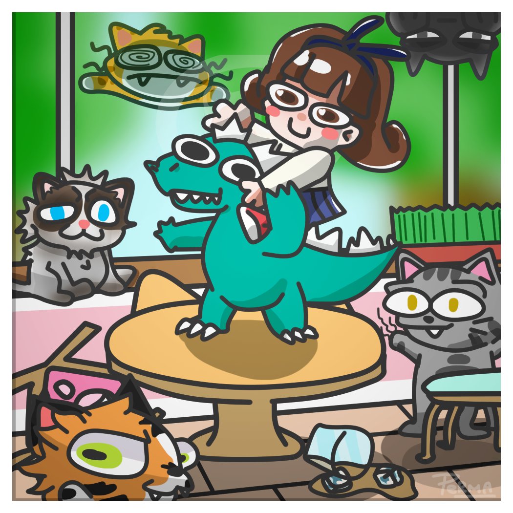 Starting this silly this where every Monday I ask for a prompt from chat and I try to draw it. This is, "ShickiBlonksy (a community member) on a date with Godzilla in a Cat Cafe". HAHA it turned out so well tbh. #art