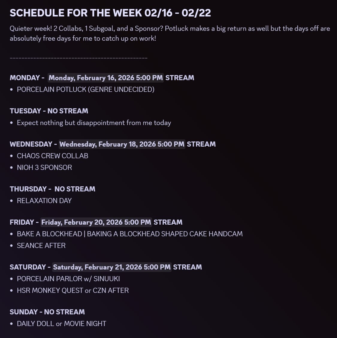 ୨୧ weekly schedule for <a href="/PorcelainMaid/">Jowol | Marionette VTuber</a> ୨୧   
⤷ dates: February 16th-22nd ✨
⤷ times below are listed in ET ☕️
⤷ subject to change! check the discord for updates! 🖤