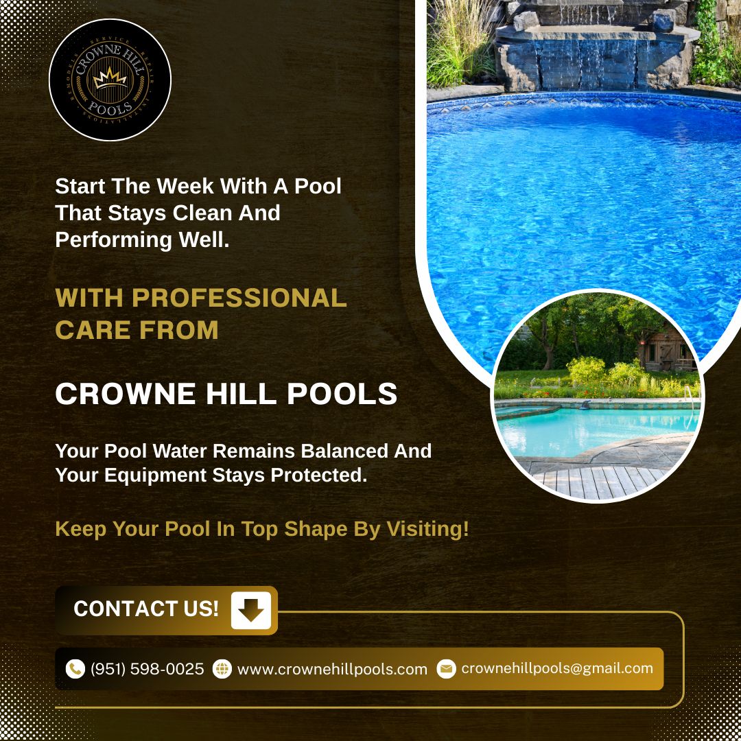 Crownehillpools's tweet image. A fresh week calls for clear water and smooth equipment performance. Let us keep your pool running exactly how it should.

#CrowneHillPools #TemeculaPoolCare #PoolServiceExperts #CrystalClearWater #WeeklyPoolCare