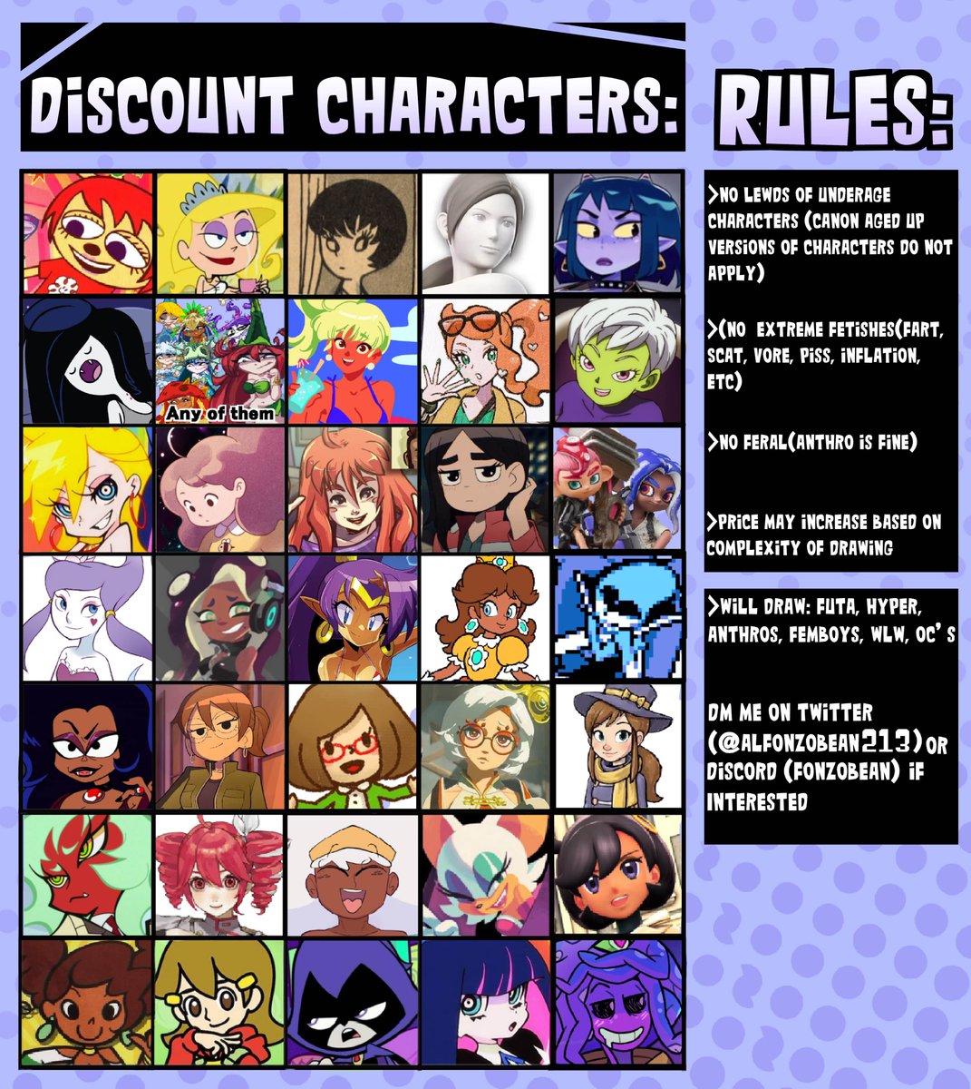 Finally put a new comm sheet together 
5 slots open rn dm me on. DM me on here or on Discord if interested!