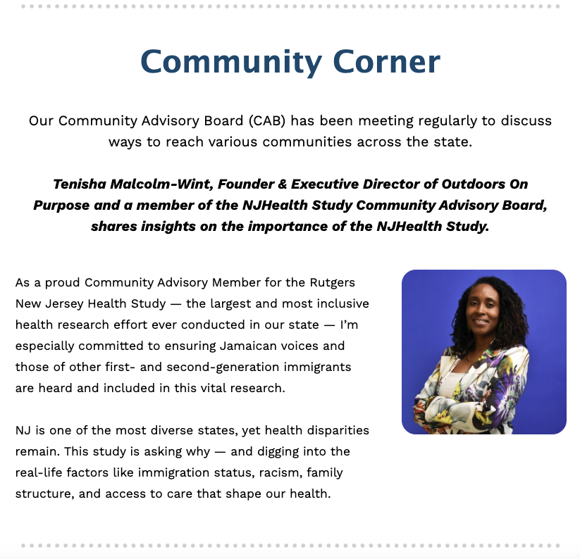 NJHealthStudy's tweet photo. #CommunityCorner ➡ Tenisha Malcolm-Wint, one of the NJHealth Study's Community Advisory Board members, comments on the importance of our research. https://t.co/kCWYyYZGnB