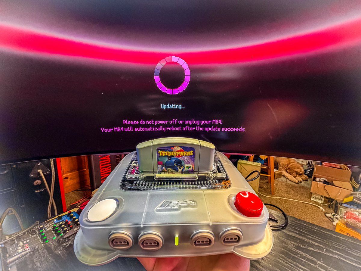 Out of the box.   Connect to WiFi.   WiFi FW update.  

The 16 year old me is SH!TTING my pants.  Good thing the 45 year old me has some restraint.  

The M64 is off to a fantastic start.  Videos soon.  

<a href="/modretro/">ModRetro</a> 

#videogames #m64 #90s #nostalgia
